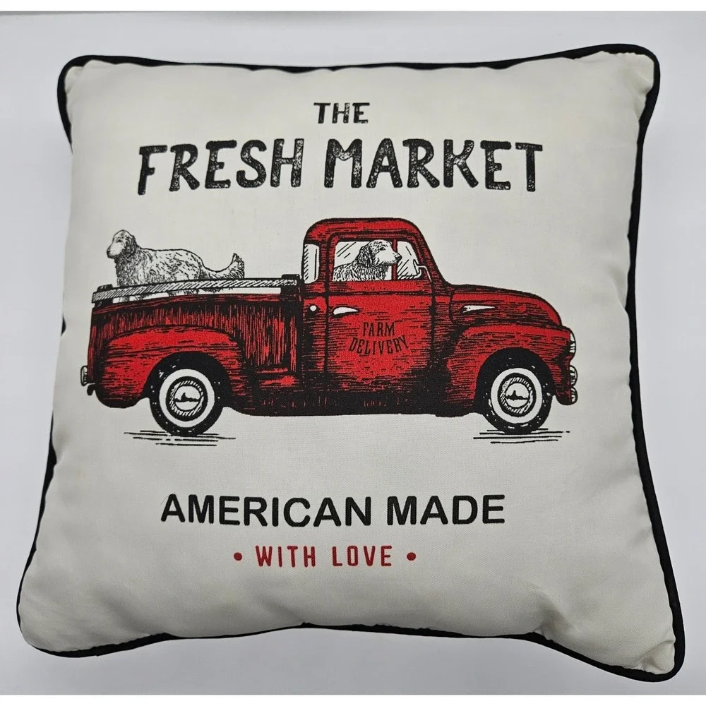 The Fresh Market Vintage‎ Red Truck Dog Farmhouse Throw Pillow 12x12 Reversible